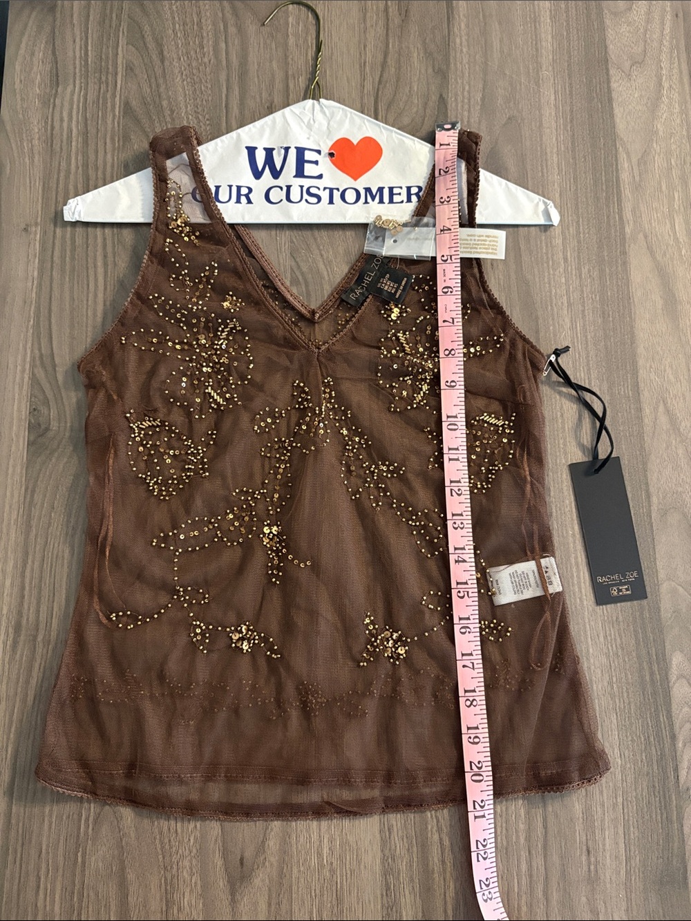 Sheer Embellished Brown V-Neck Mesh Tank Top - Picture 17 of 17